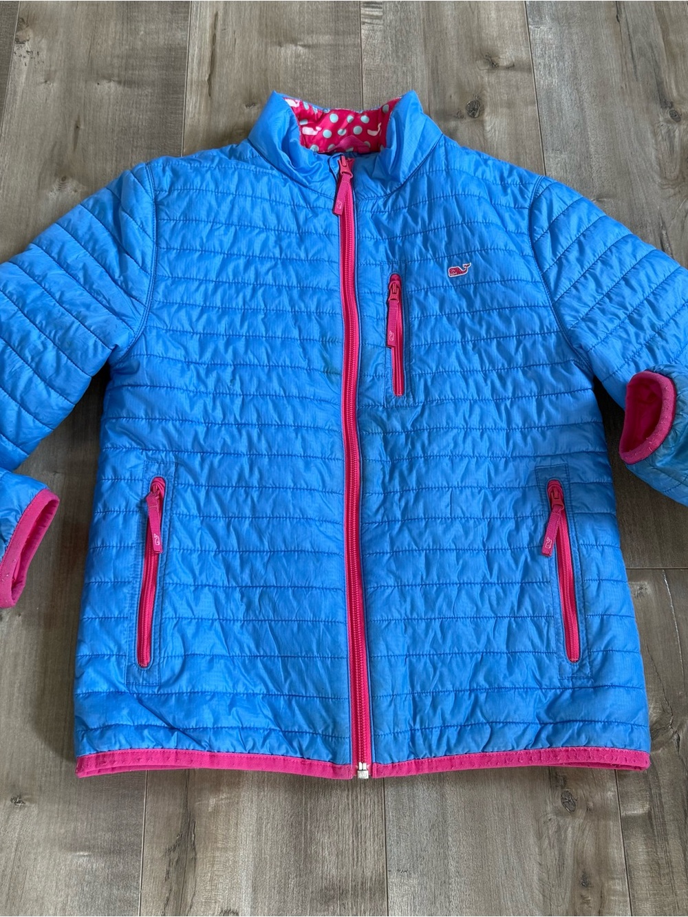 Vineyard Vines Puffer Jacket Full Zip Blue Pink Girls Medium 10-12 Pockets Not H